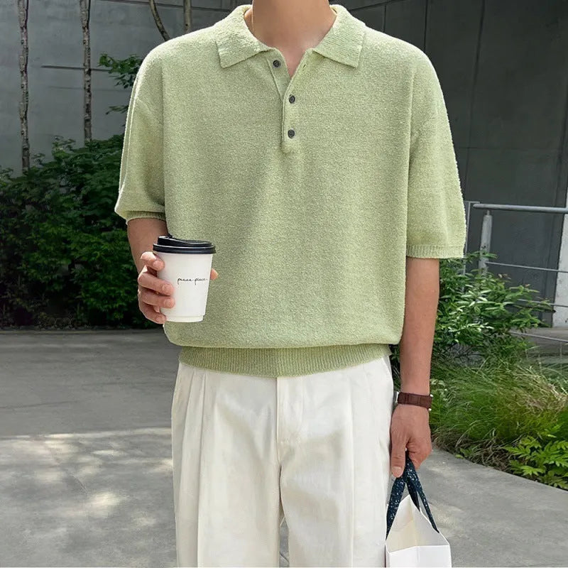 Men's retro knitted polo shirt with asymmetric design in caramel colour