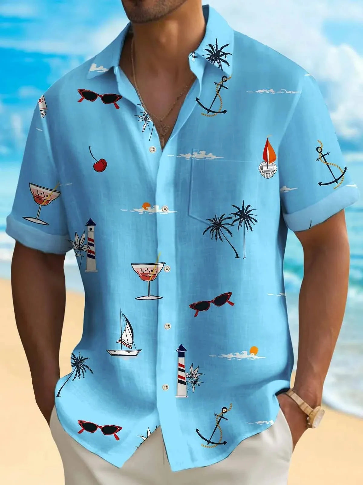 Men's loose-fit digital print Hawaiian shirt in polyester on a hanger.
