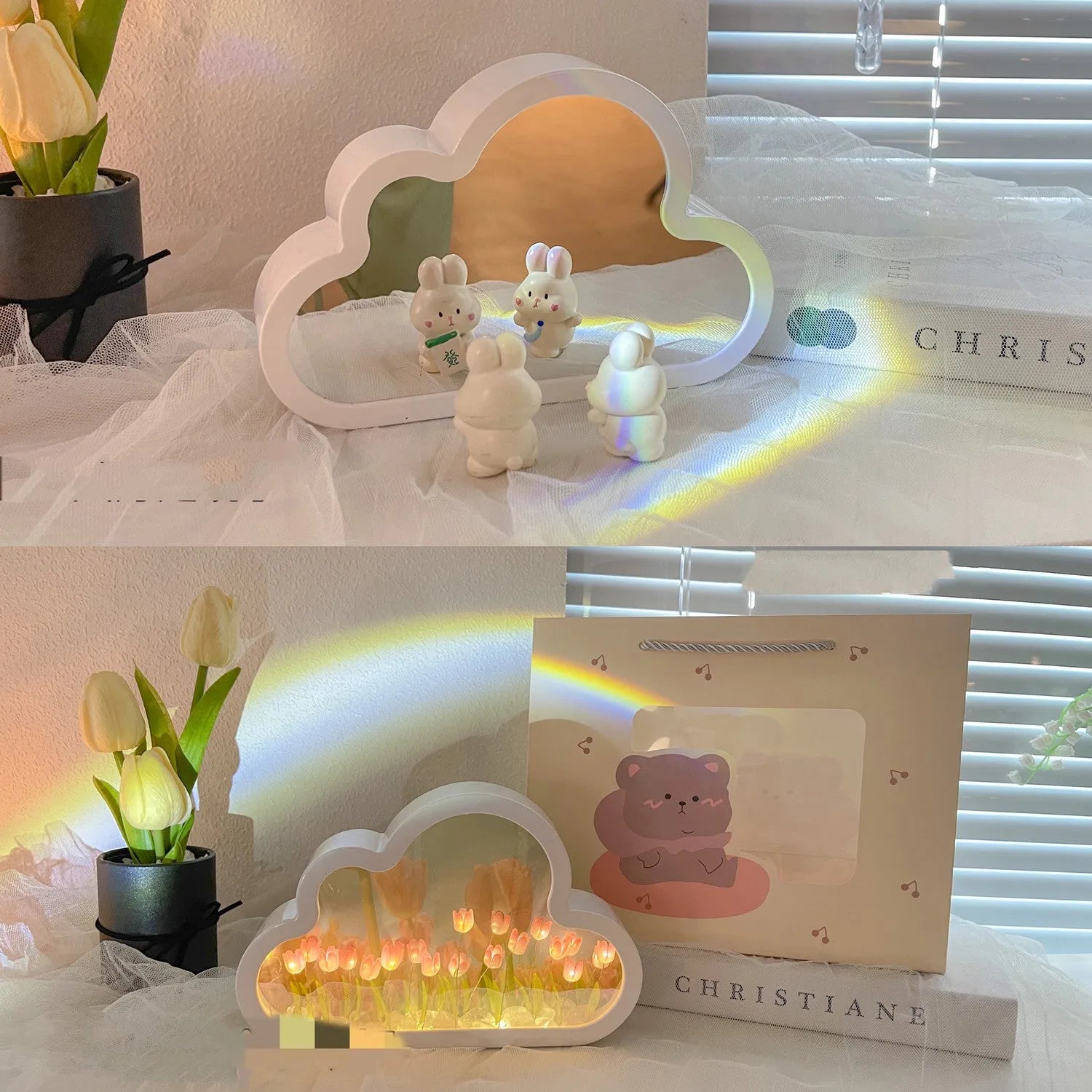 DIY cloud tulip decorative night lamp with LED lights and mirror surface for bedroom or desk