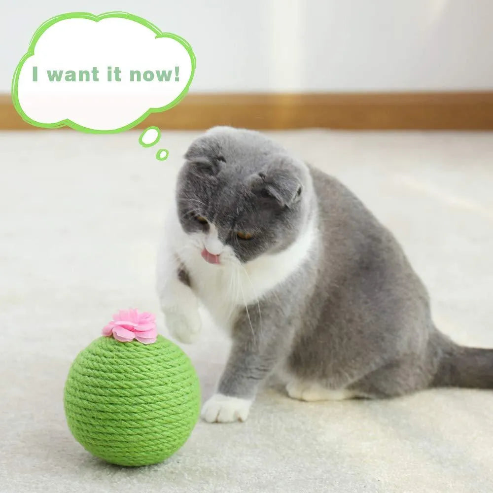 Green cactus-shaped cat scratcher with rolling ball and sisal tree tower for indoor feline play