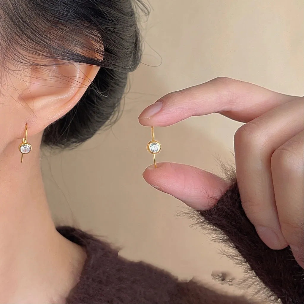 Round zircon earrings for women in minimalist geometric style, light luxury finish, simple zircon colour, one pair