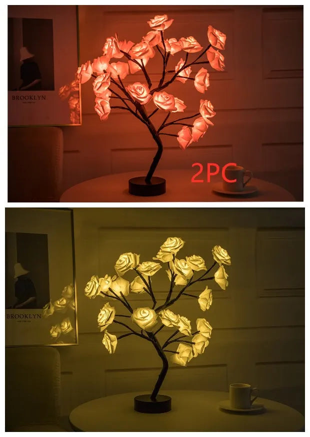 White and red rose flower LED table lamp with bonsai tree lights on a table.