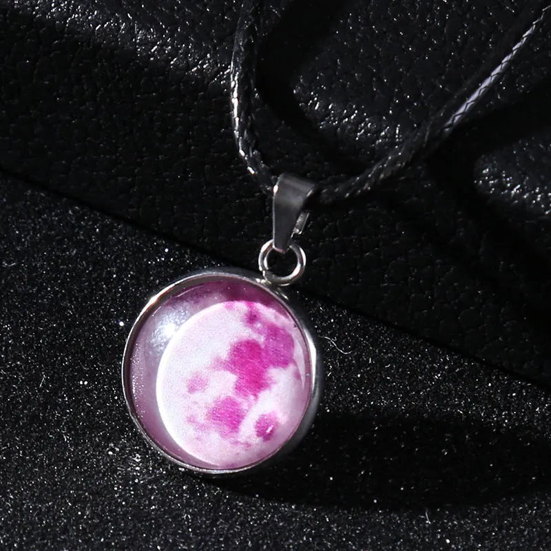 Moon night sky constellation glass pendant on a luminous alloy necklace chain with extension.