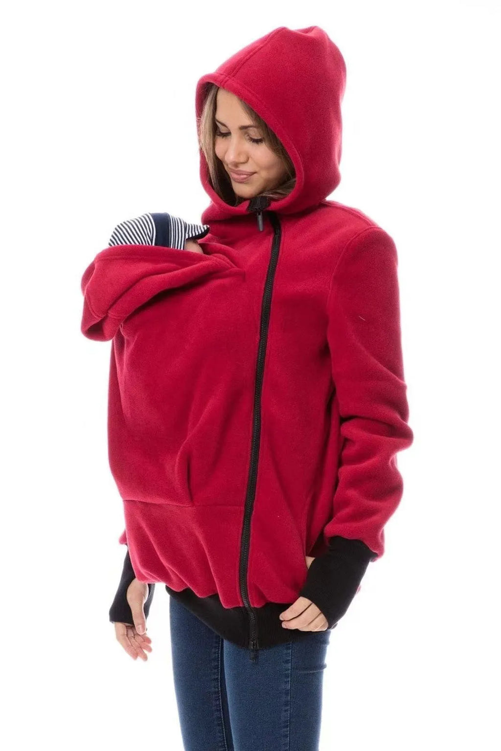 Red loose-fitting women's polar fleece sweater with long sleeves on a hanger.