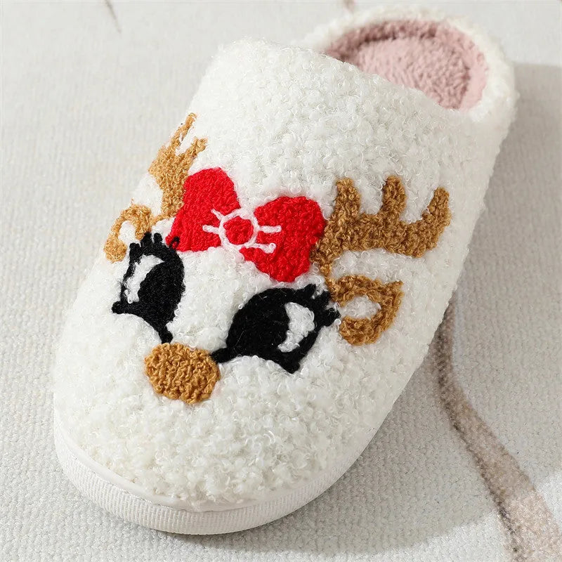 Women's non-slip Christmas deer slippers in fox colour with plush upper and TPR sole