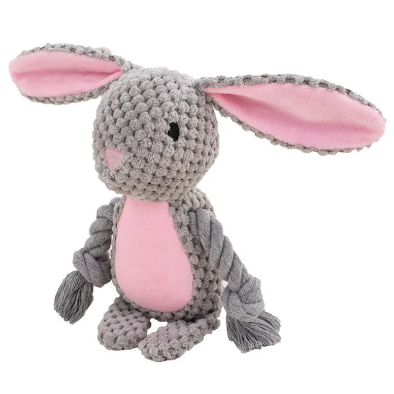 Hippo-shaped plush dog toy with cotton rope sections for tug-of-war games