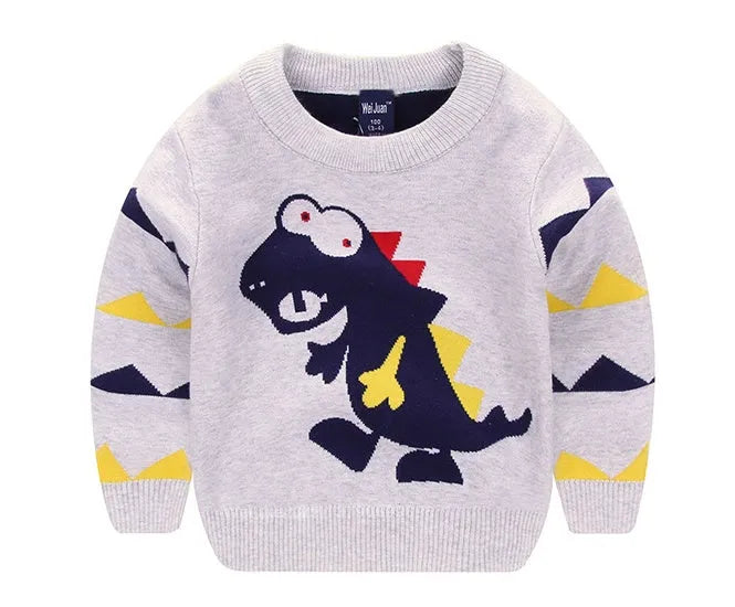 Boys wild dinosaur pullover sweater in gray 100% cotton with cartoon pattern