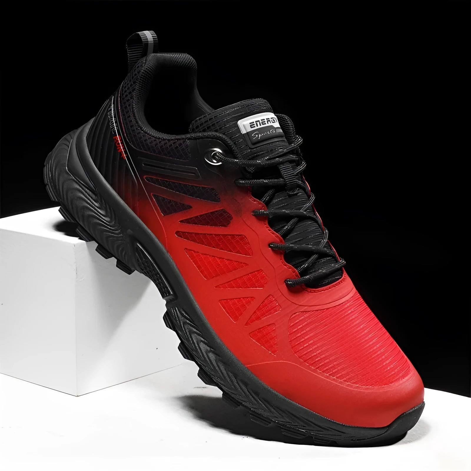 Men's black mesh outdoor running shoes with a rubber sole, shown in a plus size.