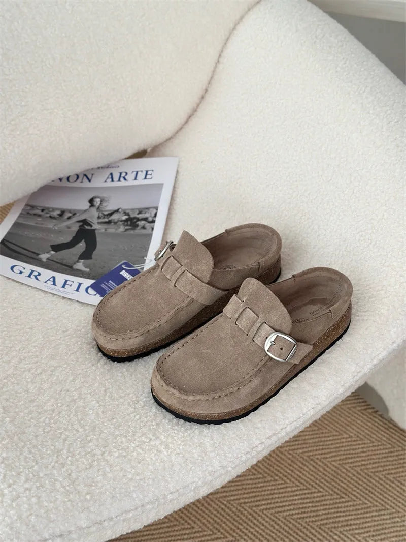 Unisex lazy mule slippers in antelope brown with cow suede upper and cork sole, side view