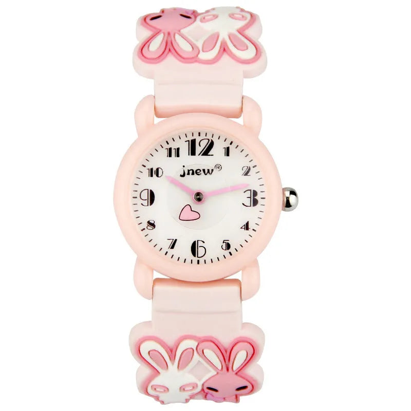 Rabbit quartz watch for kids with black PC case and plastic strap, 27x9mm case size