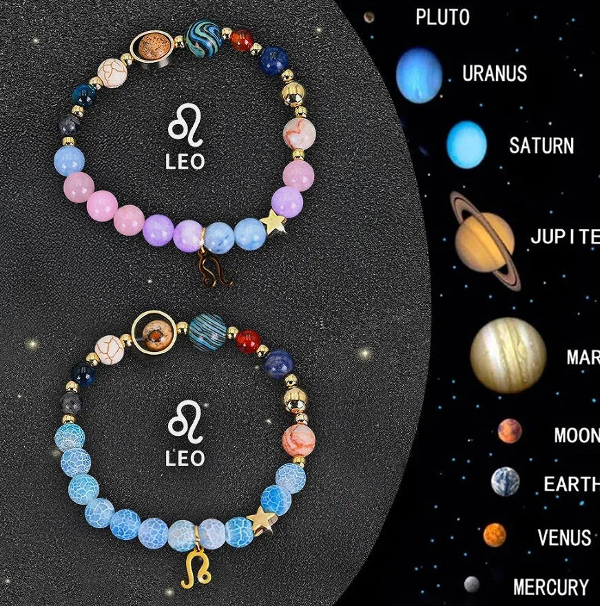 Complete set of twelve natural stone beaded bracelets laid out, each with a different zodiac sign charm.