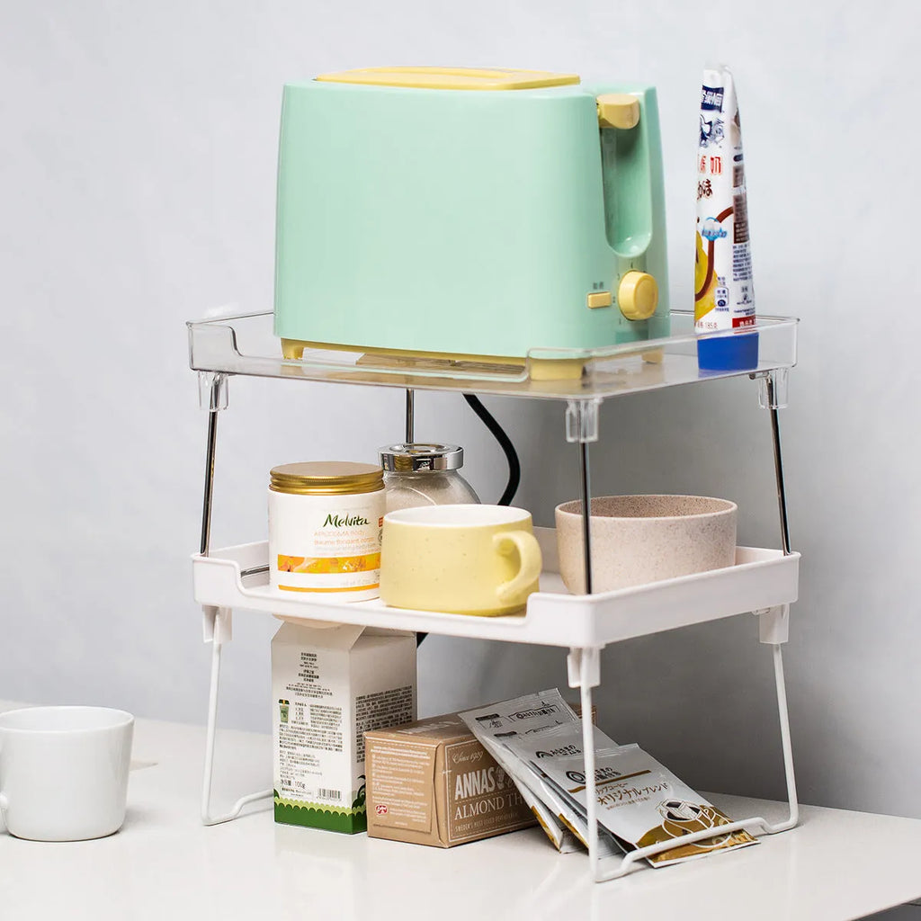 Plastic kitchen organisation rack with modular design for cupboard shelves and countertops