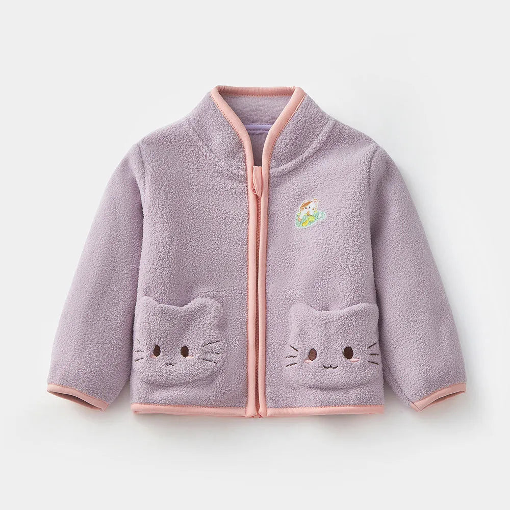 Girls autumn winter fleece rabbit coat in pink with velvet fabric, fur lining, and front zipper