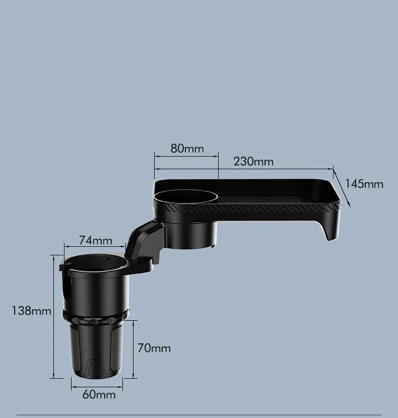 Black car cup holder with 360-degree rotating dinner tray placed in vehicle cup holder