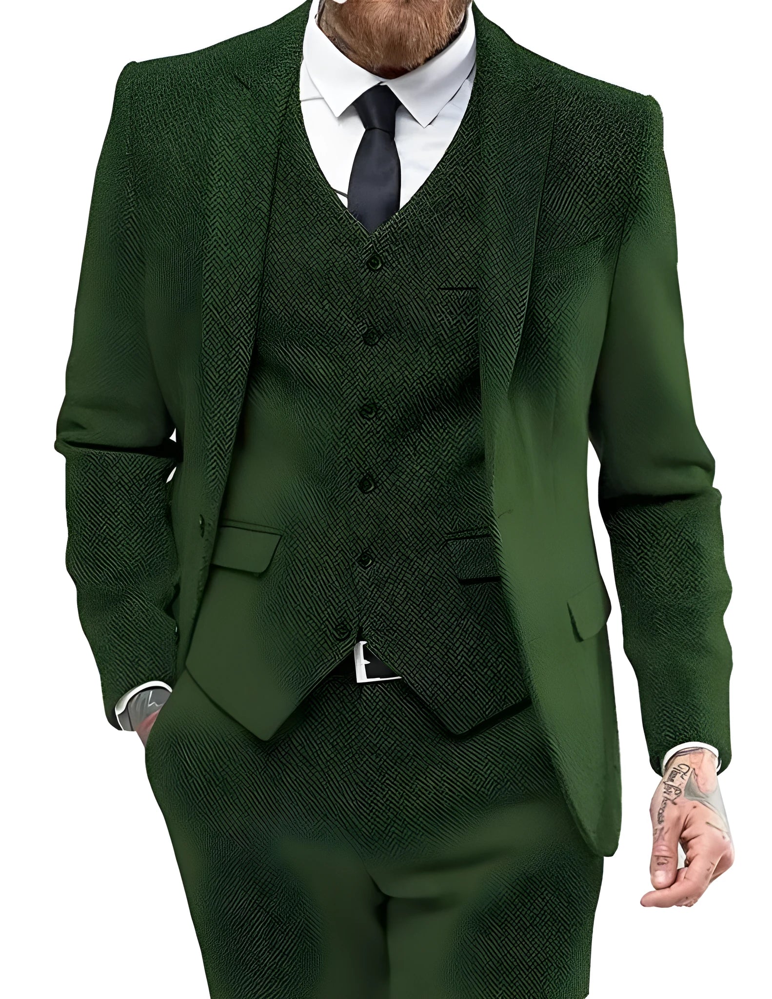 Men's three-piece viscose blend suit set with flat collar, two-button closure, black colour, front view