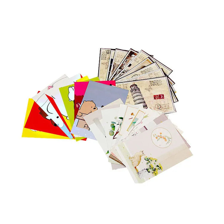Set of nine minimalist cartoon style postcards depicting global landmarks including a retro Paris tower.