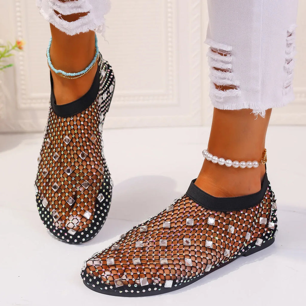 Women's colourful rhinestone flat sandals with mesh upper and rubber sole