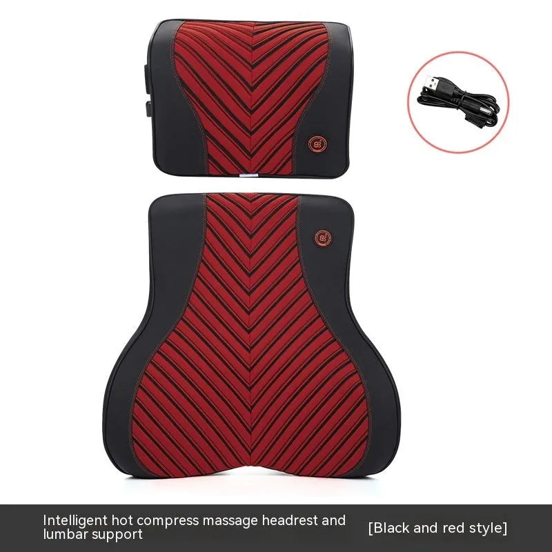 Black and orange electric heating massage car headrest and lumbar support cushion on a car seat.