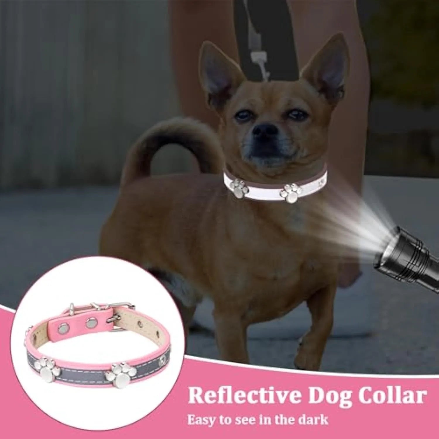 Reflective PU leather dog collar with metal buckle and cute paw rivet decoration, shown in multiple sizes.