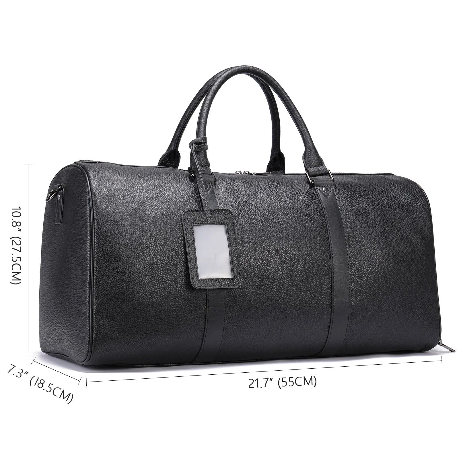 Men's black leather excursion bag with single shoulder strap showing 44cm length measurement