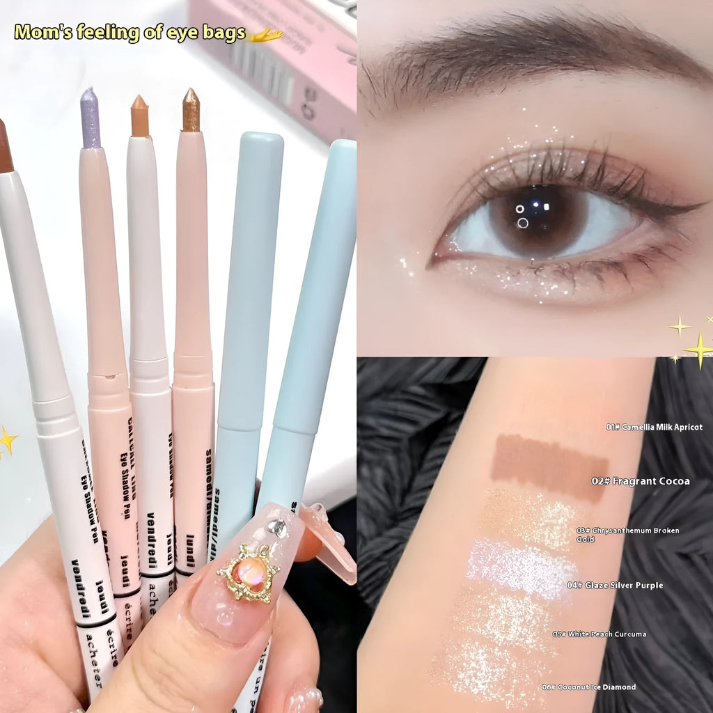 INS style 2-in-1 waterproof eye shadow pen in a selection of 14 brightening colours on a white background.