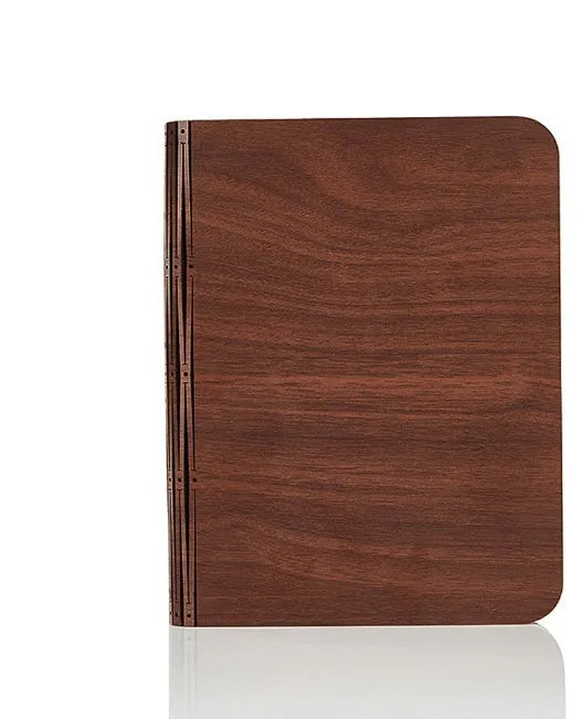 Solid wood book light in three sizes with USB cable showing white and warm white light options