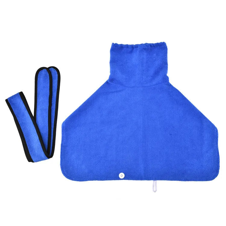 Strong absorbent dog towel pet bathrobe in blue on a dog, showing adjustable belt and Velcro neckline