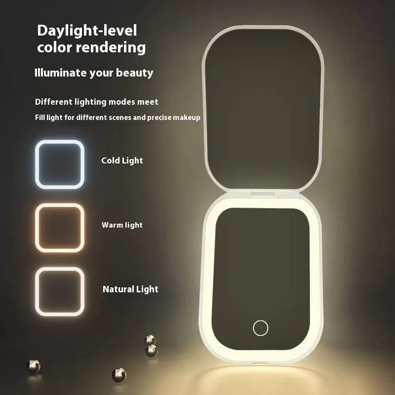 Ultra-thin foldable cosmetic mirror with tricolour light, 10.4x7.5cm HD glass lens, white or pink ABS frame
