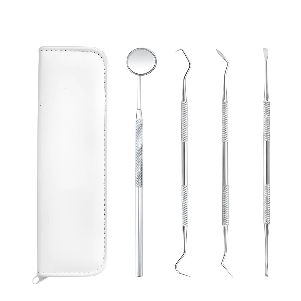 Red and black leather pouch containing dental tools set with scaler, probe, and tweezers for household teeth cleaning
