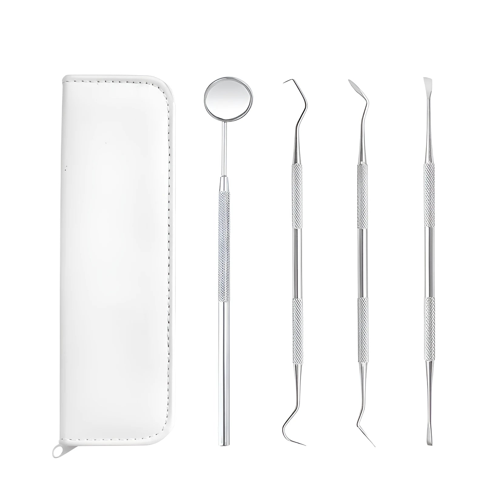 Red and black leather pouch containing dental tools set with scaler, probe, and tweezers for household teeth cleaning