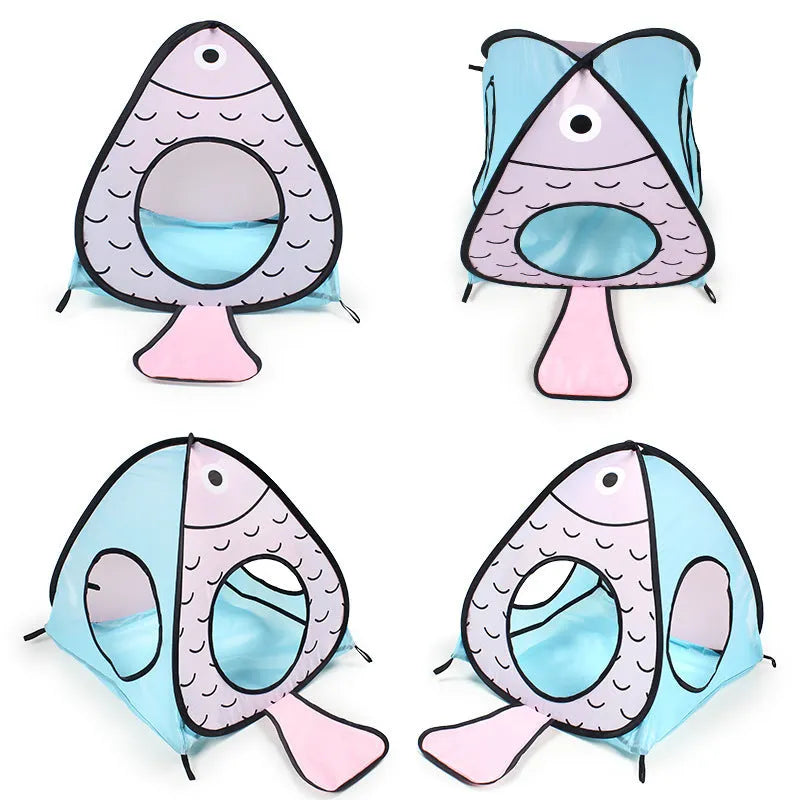 Foldable pet tent and tunnel three-piece set with cat and fish print design.