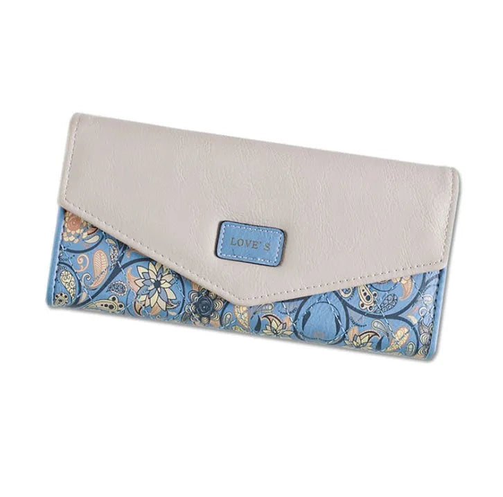Three-fold PU leather wallet with buckle closure showing clip and colour options