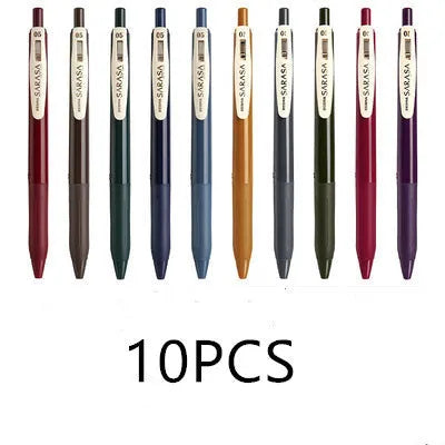 0.5mm bullet gel pen with press water mechanism in a retro style, showing colour options.