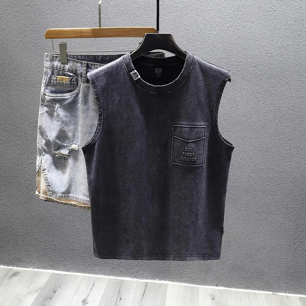 Men's solid colour cotton sleeveless t-shirt with loose fit design in black and white options