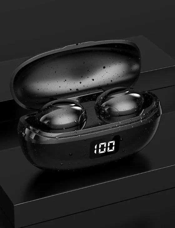 Black and white wireless Bluetooth in-ear headphones with a compact USB-C charging case.