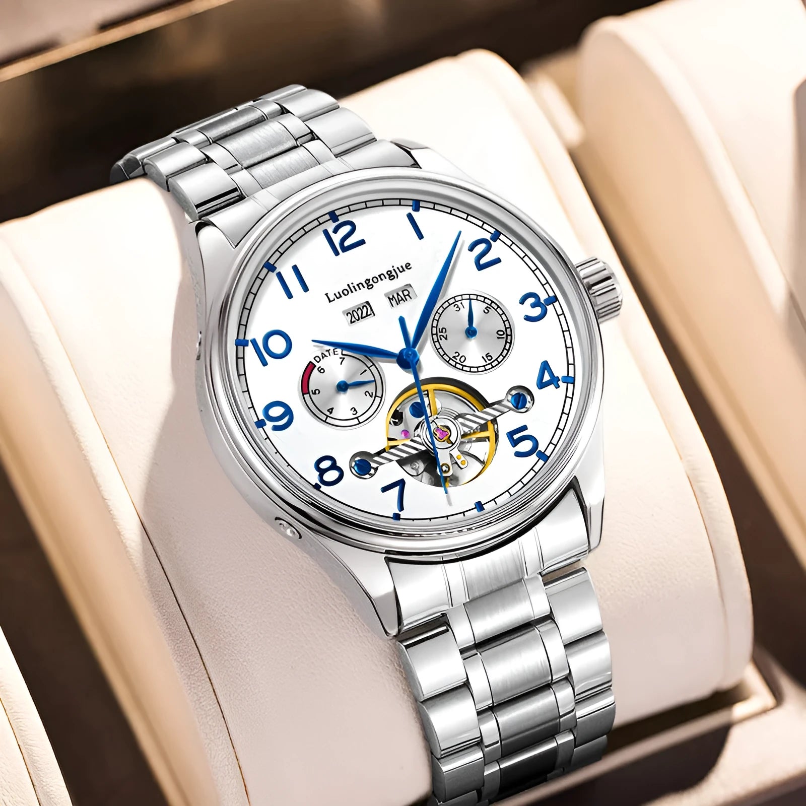 Men's stainless steel mechanical watch with sapphire crystal glass and leather strap on wrist