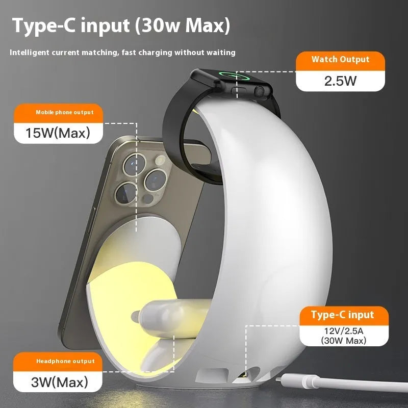 Four-in-one wireless magnetic charger desk lamp in white with phone, headphones and watch charging zones