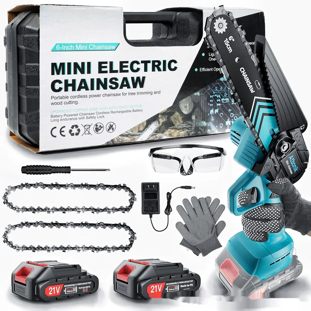 Handheld cordless electric chainsaw with 6-inch chain, two batteries, and safety accessories