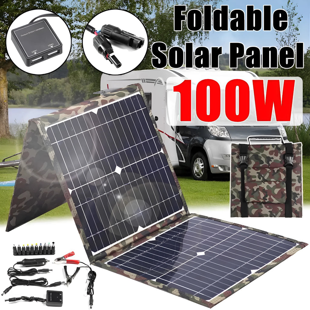 Black foldable solar panel measuring 87cm by 28.5cm with car charger and USB accessories