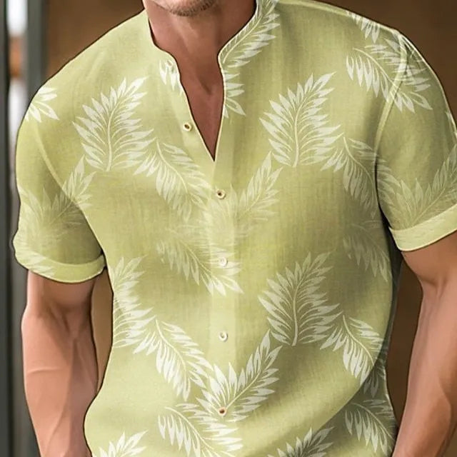 Men's printed casual short sleeve shirt on a hanger, showing one of eight available colour options.