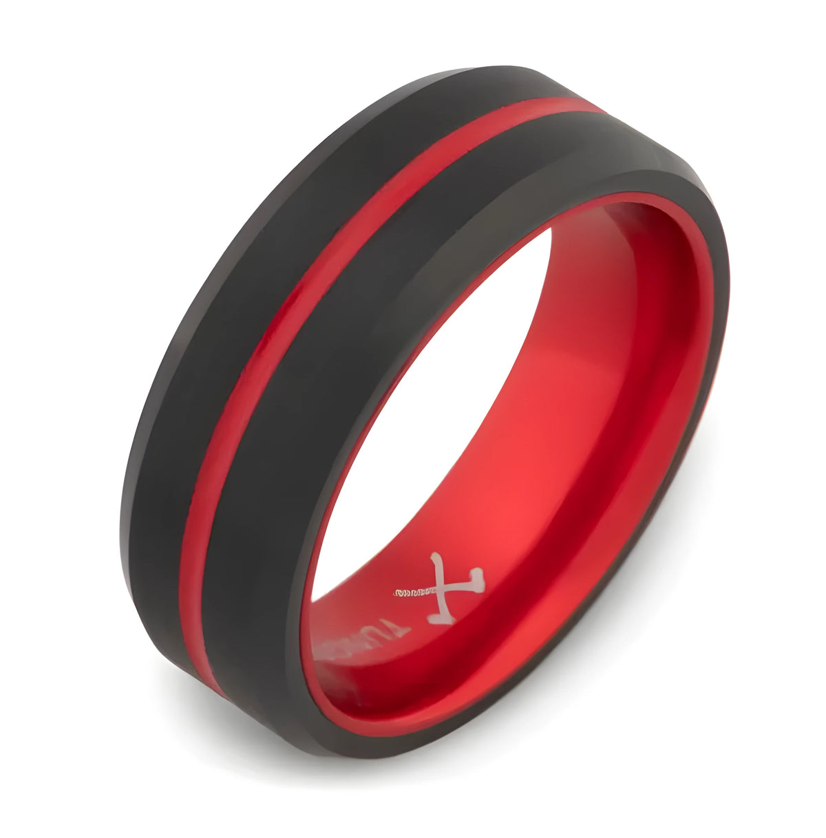 Fire Stripe Tungsten Carbide Ring with grooved ceramic inlay, polished finish, sizes 5-17