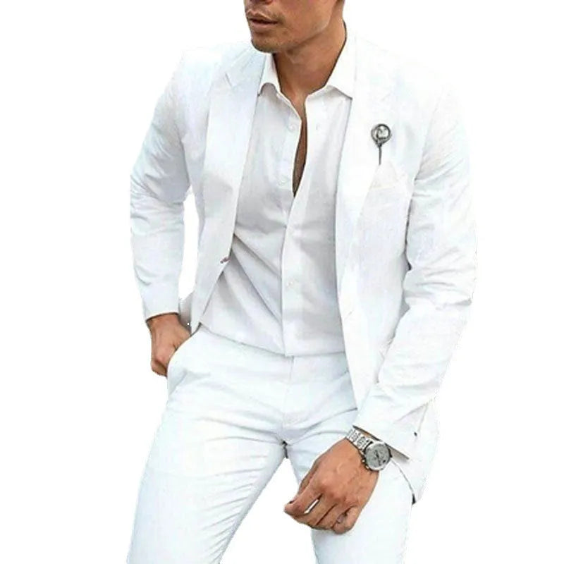 White slim fit men's two-piece wedding suit with acetate fabric construction