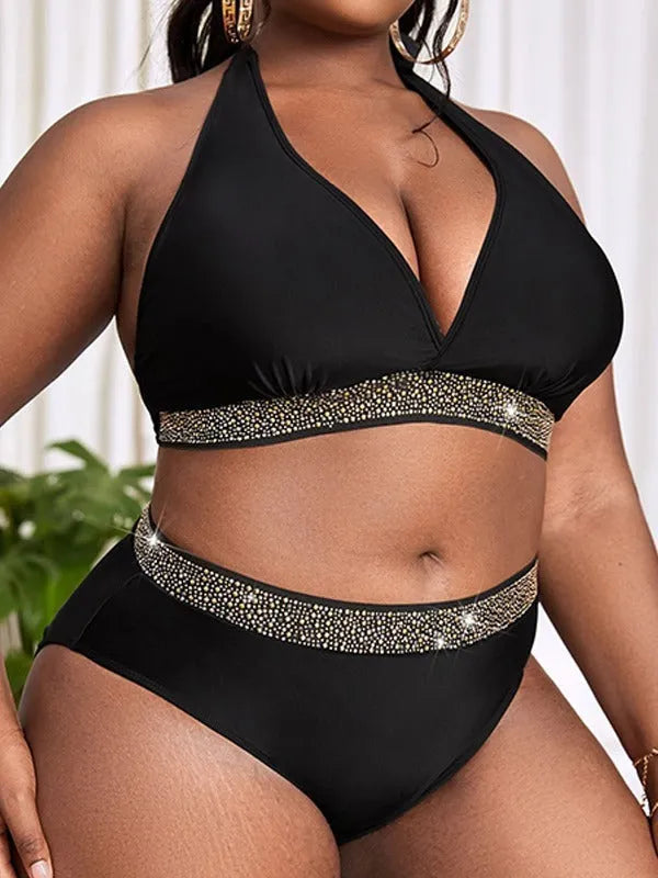 Plus size black women's two-piece bikini swimsuit on a hanger