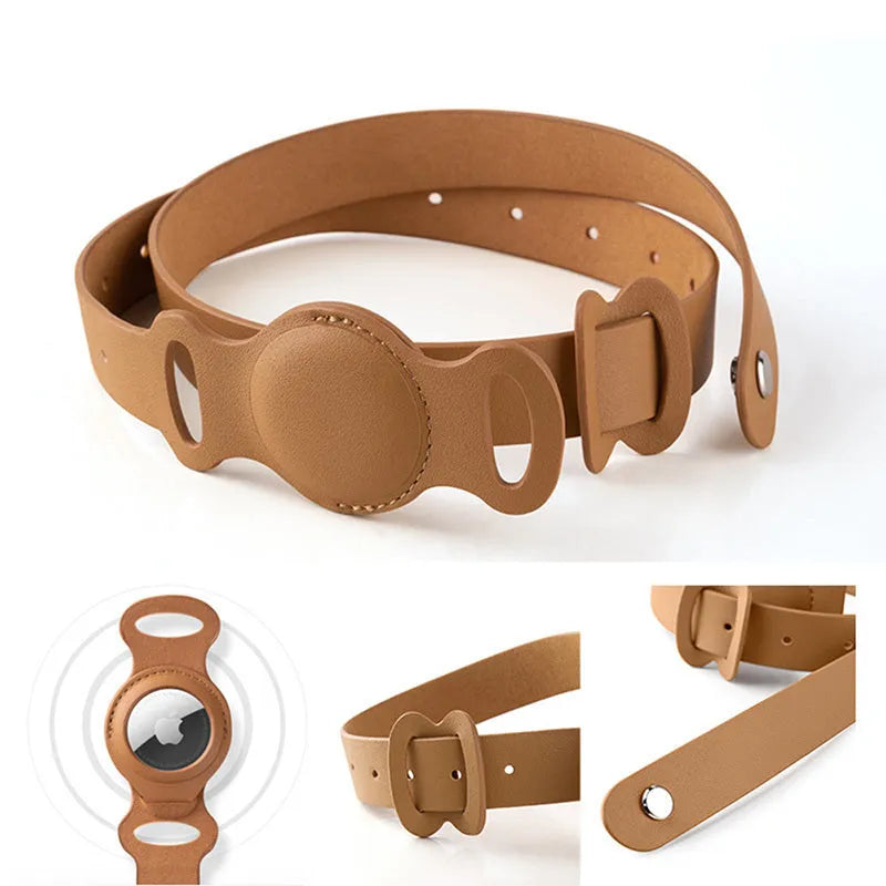Leather pet collar AirTag holder in misty blue, adjustable 40cm, with silicone lining for anti-scratch protection