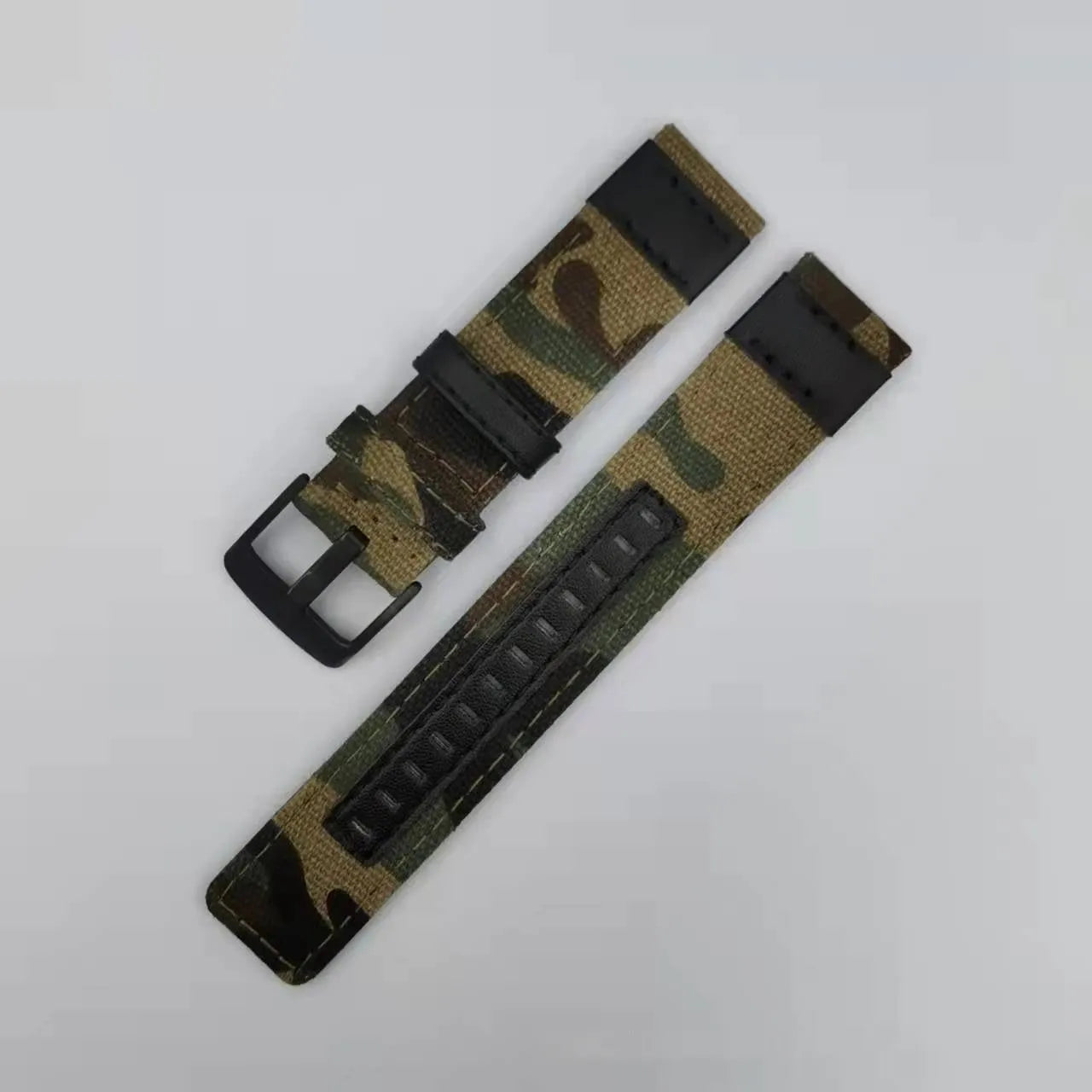 Oxford cloth canvas watch strap shown in multiple colours including army green and black, with size options displayed.