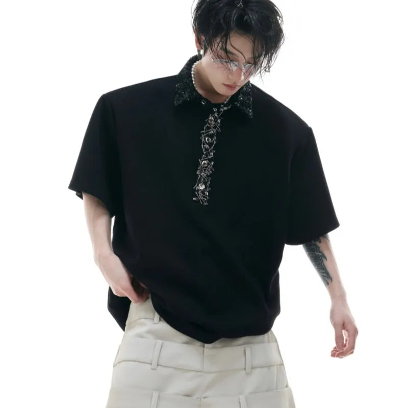 Men's square collar loose fit polo shirt in polyester short sleeve design