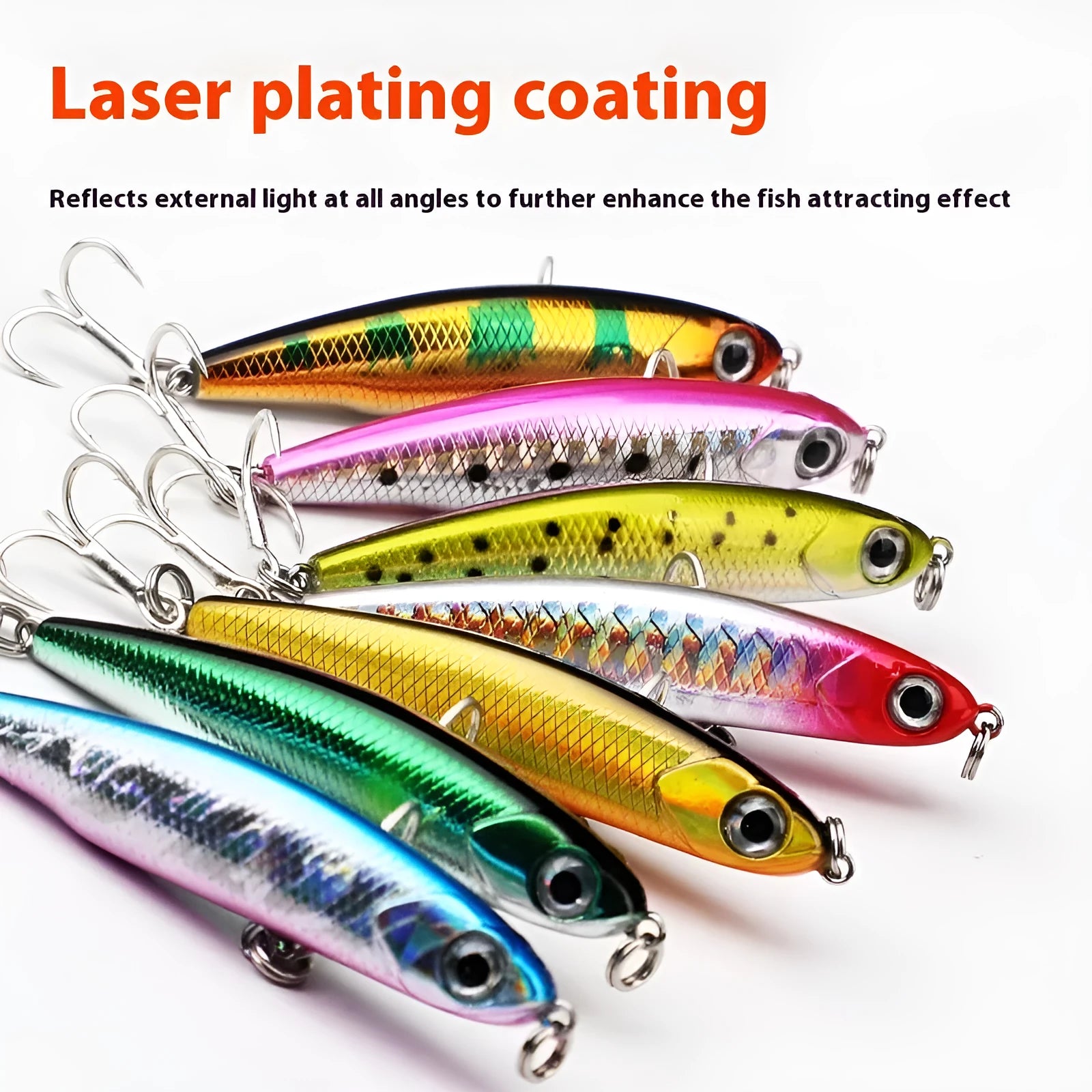 Small silver fish lure pencil bait with double hooks, set of five in storage box
