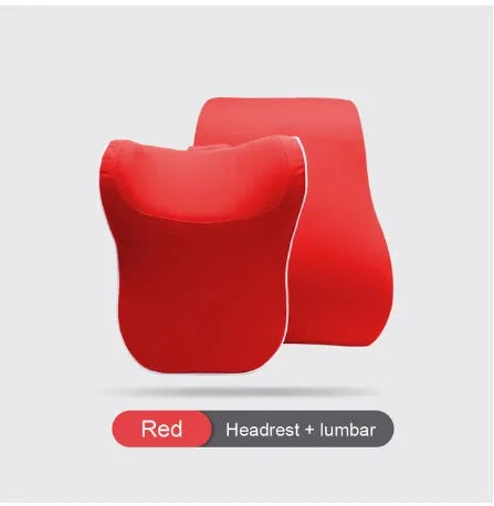Car headrest set with memory foam cotton pillow and lumbar support in breathable fabric on car seat