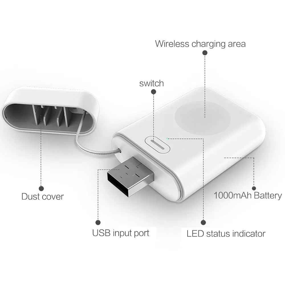 White mini magnetic portable charger for Apple Watch next to an Apple Watch on a table.