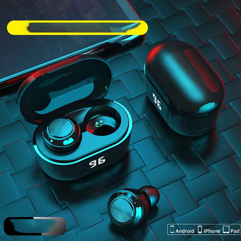 Black stereo Bluetooth headset with earplug design showing bilateral earpieces.